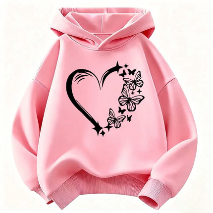 Graphic Casual Hoodies Love Heart with Butterfly Design Children's Sweatshirt Cute Hoody for Boys Girls Autumn Spring