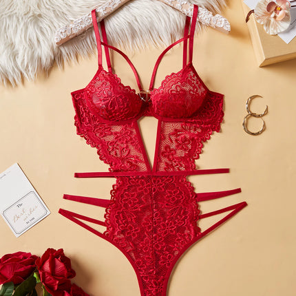 Women Red Lace Spaghetti Strap Bodysuit One Piece Sleepwear