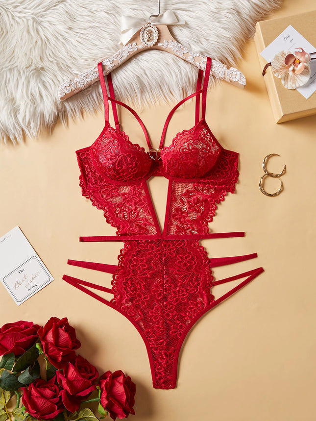 Women Red Lace Spaghetti Strap Bodysuit One Piece Sleepwear