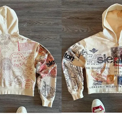 Sweatshirt Jacket Zipper Hoodie Apricot Print Letters Cartoon Fashion Multifunctional Retro Y2K High Street Men's and Women's