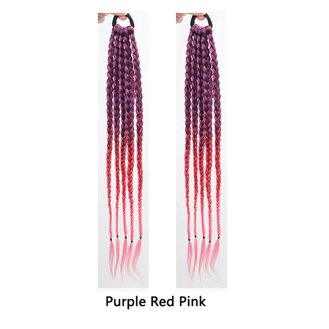 Synthetic Girls Colorful Braids Hair Extensions With Rubber Bands Rainbow Braided Ponytail Hairpieces For Kids Hair Accessories