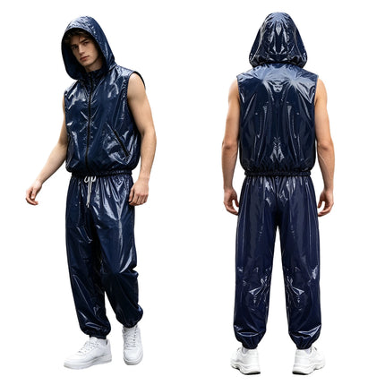 Mens Waterproof Sauna Outfit Glossy Sweat Suit Hooded Tracksuit Hooded Jacket with Jogging Track Pants for Fitness Training
