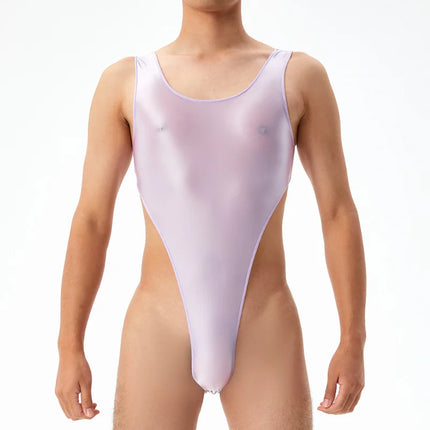 Mens Sexy Bodysuit Oil Glossy Silky Swimsuit Perspective T Crotch Tights High Elastic Large Size Seamless High Fork Swimwear