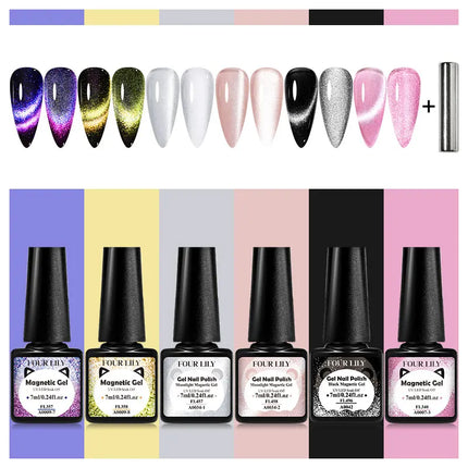 7pcs Gold Light Cat Magnetic Gel Nail Polish Set Maillard Magnetic Gel Semi Permanent Soak Off UV Gel Varnish Nail Art Manicure