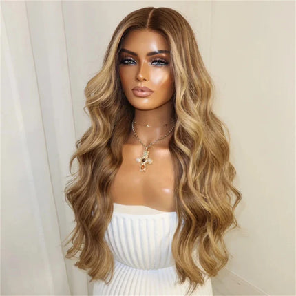 Party Daily Cosplay Wigs 13x4 Ombre Blonde Brown Highlights Synthetic HD Lace Front Wig Natural Long Body Wave Wig High Quality
