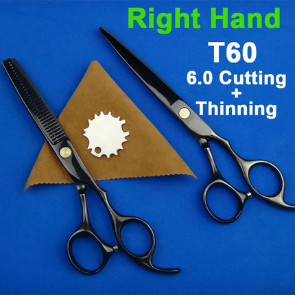 Japan 440C Titanium Qlating Barber Professional Scissors for Hairdresser 5.5 / 6.0 Cutting Thinning Black Hair Scissor Shears