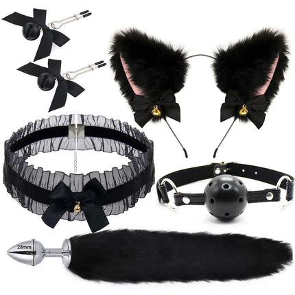 Cute Fox Tail Anal Plug Bow-Knot Soft Cat Ears Headbands Collar Erotic Cosplay Couples Accessories SM Sex Toys for Female Male