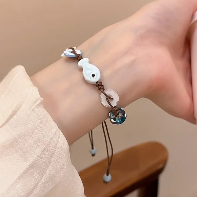 Ceramic Fish Stars Braided Rope Bracelets for Women Cute Blue Small Buttons Bracelets Romantic Adjustable Jewelry Accessories