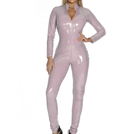 Pluse Size Women Shiny Leather Jumpsuits Long Sleeve Zipper Open Crotch Latex Bodysuit Hot Porn Breast Exposing Sexi