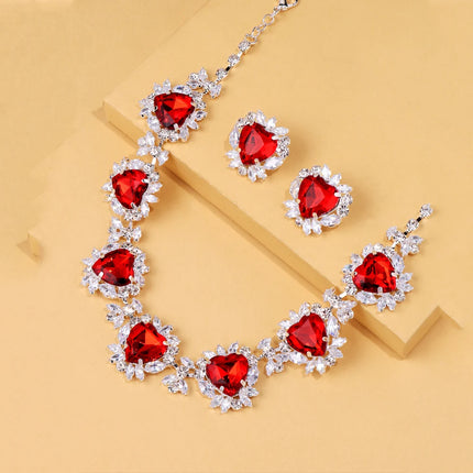 Exaggerated Rhinestone Red Heart Necklace Earrings Women Fashion Romantic Jewelry Set Light Luxury Banquet Wedding