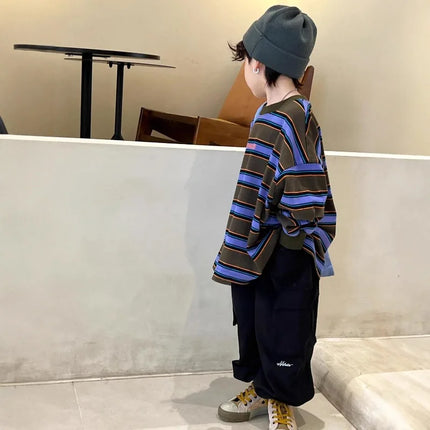 Boys Long Sleeved T-shirt for Spring and Autumn Korean Version Loose Casual Striped Top Mid Size Childrens Autumn Outfit