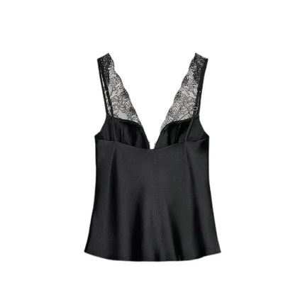 Sexy Black Lace Patchwork Satin Vest Women Elegant Sleeveless See Through V-neck Loose Vests 2025 Lady Vacation Party Chic Wear