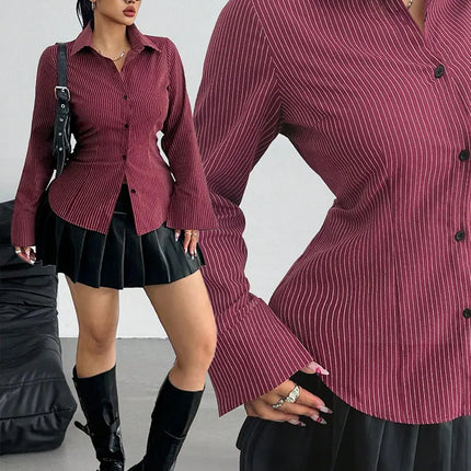 New Plus Size Lapel Print Striped Long-Sleeve Shirt Button Slim-Fit Top Blouse Versatile Elegant Office Fashion Female Clothing