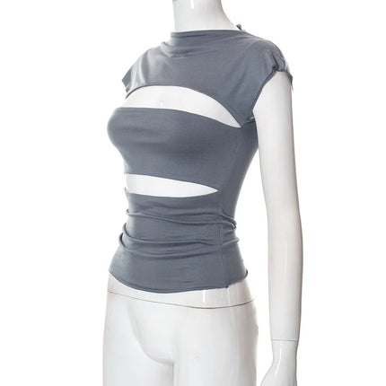 Sexy Wrap Chest Hollow Out Turtleneck Slim T-Shirt Women Short Sleeves Bottoming Shirt Ladies Tee Shirt Tops Camisetas Mujer