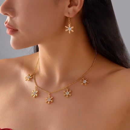 Luxury Zinc Alloy Christmas Jewelry Set Colorful Rhinestone Xmas Dangle Earrings Pendant Snowflake Necklace Women