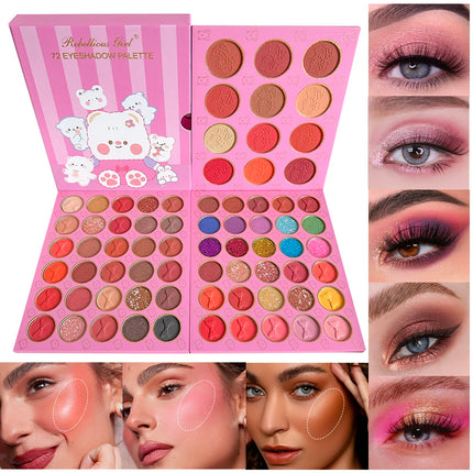 72-Color Pink Eyeshadow Palette, Matte Shimmer & Glitter Blush Tones, Complete Rose Gold Mauve Makeup Set for Daily Party & Gift