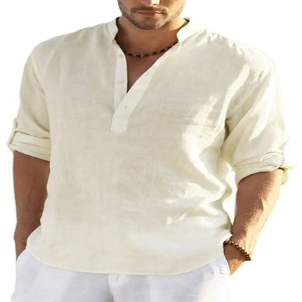 Men's Long Sleeve Cotton Linen Shirt Casual Shirt Oversize Plus Size S-5XL Henley Collar Beach Style Hawaiian Vacation
