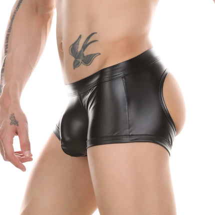 Men's Sexy PU Open Buttocks Boxers U Convex Big Bag T Back Underwear Men Breathable G-String Faux Leather Open Back Hip Panties
