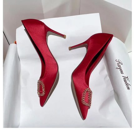 2025 New Women's Slim High-Heeled Pointed Toe Pumps with Rhinestone Buckle - Sexy Shallow-Cut Single Shoes