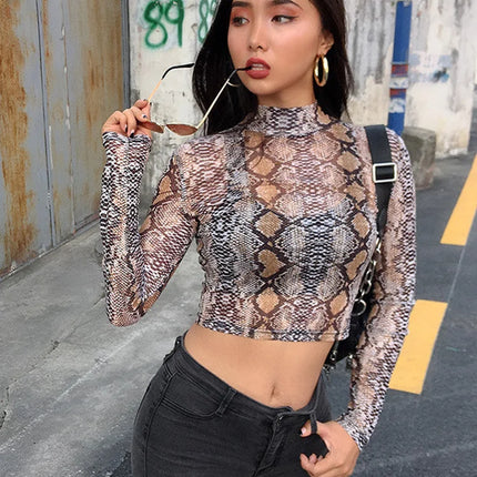 Casual Green Snake Print T Shirt Women Mesh Top Long Sleeve Transparent Snakeskin Female T-shirt High Neck Crop Tops