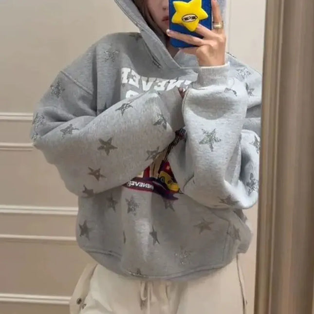 Fashionable Vintage Star Printed Hoodies Female Clothing American Letter Loose Autumn Hooded Casual Pockets Spliced Sweatshirts