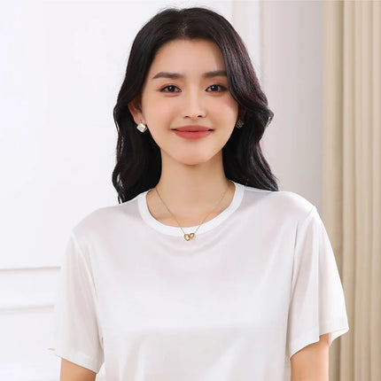 Summer Women's Short Sleeve O-Neck T-Shirt Knitted Acetate Fabric High-End Thin Pullover Top for Ladies
