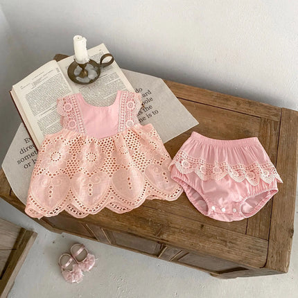 New Summer Baby Girl Round Neck Sleeveless Lace Splicing Top+Clear Color Bag Pants 2-piece Set