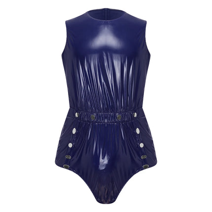 Mens Sleeveless Glossy PVC Leather One-piece Romper Jumpsuit Waterproof Bodysuit Buttons Openable Crotch for Clubwear Swimming