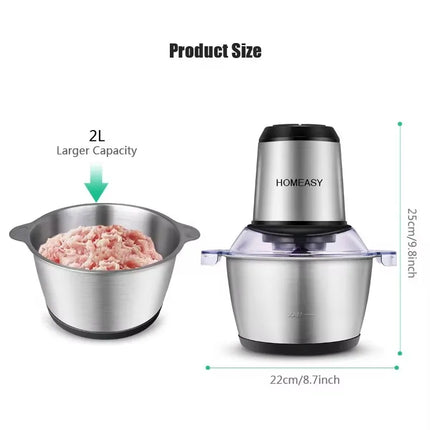 2L Domestic Meat Mincer Electric Fully Automatic, Stainless Steel, Multi-Functional Kitchen Appliance with Anti-Overflow Feature