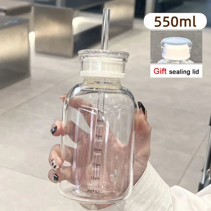 550-750ml Large Capacity Glass Water Bottle With Time Marker Transparent Juice Milk Glass Cup With Lid And Straw Drinking Bottle