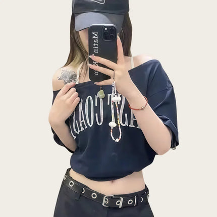 Women's American-Style Short-Sleeved T-Shirt, Summer Design, Finterest Slimming, Loose, Retro Off-Shoulder Top