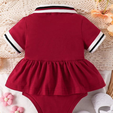Baby Girl Red Polo Dress Set, Short-Sleeve "MINI" Letter Print Ruffled Dress with Bodysuit, Toddler Casual Outfit