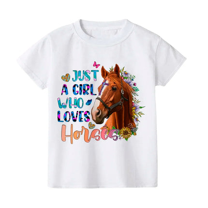 Just A Girl Who Loves Horses Print Kids T-shirt Toddler Short Sleeve Shirt Girls Cute Casual Clothes Children Summer Tee