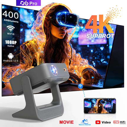 YouTube Prime Video Stream Projector 1080P 4K, 8'' Touch Panel 180° - WiFi 6, BT5.0, HDMI USB Home Theater Gaming Office Use