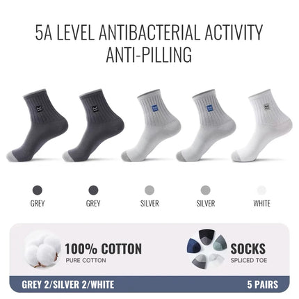 MiiOW 100% Pure Cotton Socks Men Business Dress Sock Anti Odor Crew Socks Antibacterial Breathable Sports Long Sock Black White