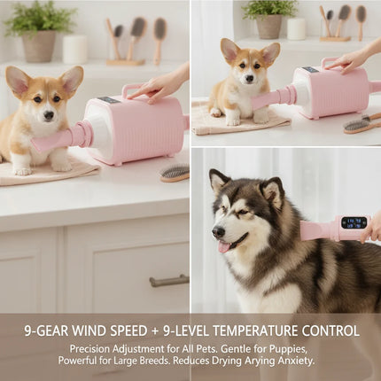 Professional Pet Hair Dryer 2100W Dog Grooming Blow Dryer with Touch Screen, 9 Speed & 9 Temperature Settings (77-140°F), 3 Nozzles & 6.56ft Hose, Overheat Protection, Pink