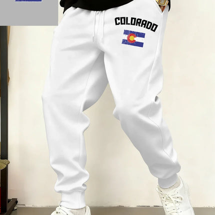 Colorado Flag Printed Sweatpants Mens Casual Pocket Jogger Pants Winter Fleece Warm Oversized Trousers Basics Male Streetwear