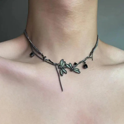 Sweet Cool Gun Black Fantasy Dragonfly Necklace for Women Gothic Black Tassels Choker Niche High-End Clavicle Chain Jewelry