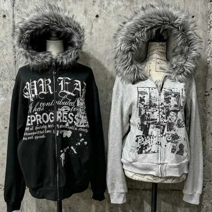 2026 Y2K Gothic Punk Faux Fur Hooded Jacket Women Printed Vintage American Harajuku Subculture Black Casual Streetwear