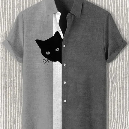 Men's blue and white color-blocked short-sleeved shirt with black cat print, collared casual outdoor vacation Hawaiian shirt.