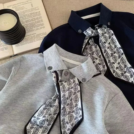 Children's Trendy POLO Shirt 2025 Autumn New Style Small And Medium Sized Children's Tie Long Sleeve Top Baby Handsome Shirt