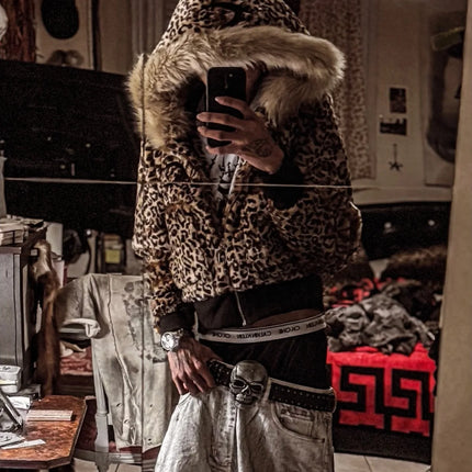 Autumn and Winter Trendy Leopard Pattern New Hoodie Jacket Top Warm Cardigan Velvet Collar Splicing Coat