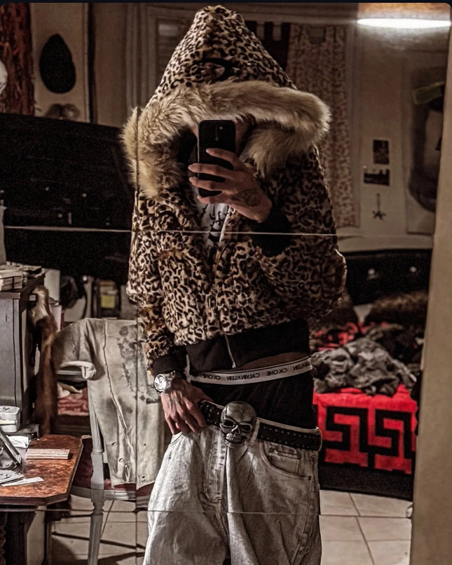 Autumn and Winter Trendy Leopard Pattern New Hoodie Jacket Top Warm Cardigan Velvet Collar Splicing Coat