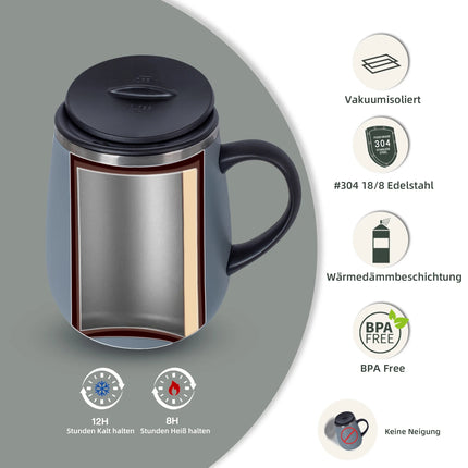 Ideus 470ml insulated coffee cup, travel coffee cup, 304 double-layer stainless steel vacuum milk cup with handle and leak-proof