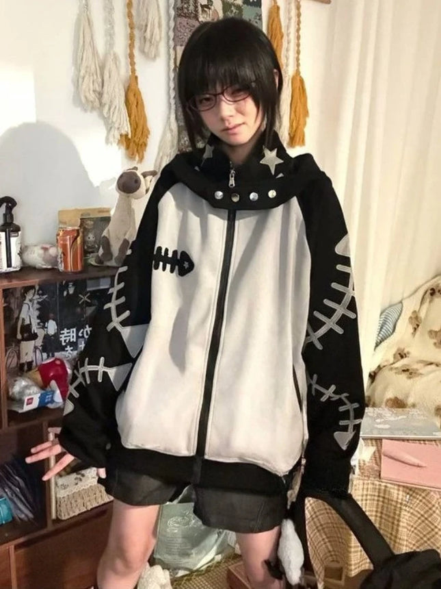 Japanese Subculture Patchwork Loose Hoodie Women Casual Punk Long Sleeve Sweet Vintage Jacket Gothic Punk Embroidery Sweatshirts