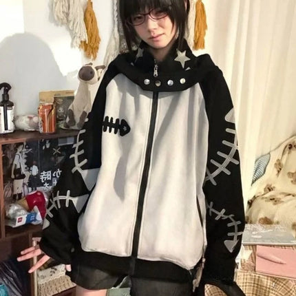 Japanese Subculture Patchwork Loose Hoodie Women Casual Punk Long Sleeve Sweet Vintage Jacket Gothic Punk Embroidery Sweatshirts
