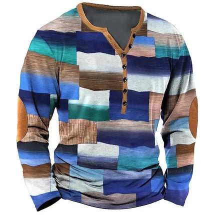 Men's Vintage T-shirt, Cotton Imitation T-shirt, Geometric Lines Print, Henley Long-sleeved T-shirt, Top, Men's T-shirt, Casual