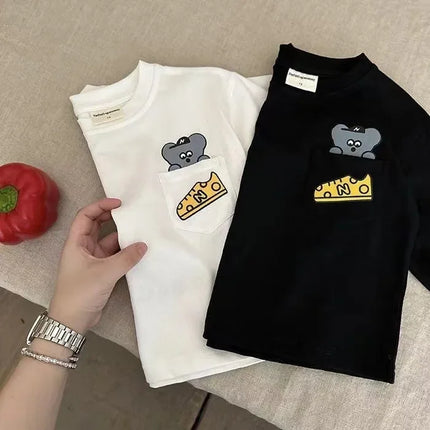 Children's Cartoon Cotton T-Shirt Long Sleeve New 2024 Model Boys Girls Pocket Base Layer Top Spring Autumn For Middle Large Kid