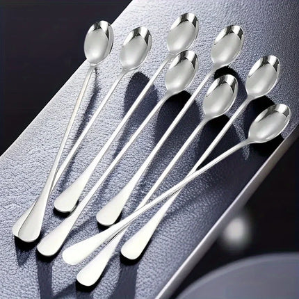 6Pcs Stainless Steel Long-Handled Ice Teaspoon, Coffee Spoon, Ice Cream Stirring Spoon, Dishwasher Safe, Kitchen Accessories, Tableware Set