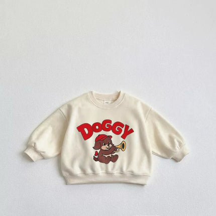 Lovely Tops Baby Boys Solid Color Long Sleeve Cartoon Little Dog Print Hoodie Beige Pink Clothing Child New 2025 Autumn Popular